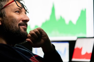 Bilgisayar ekranına bakan kripto tüccar yatırımcı analisti bilgisayardaki finansal grafik verilerini analiz ediyor