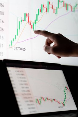 Bilgisayar ekranına bakan kripto tüccar yatırımcı analisti bilgisayardaki finansal grafik verilerini analiz ediyor