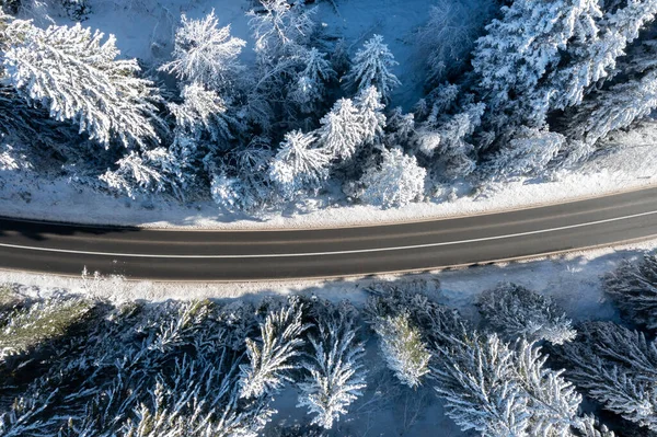 Straße im Winter durch einen schneebedeckten Wald — Stockfoto