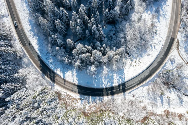 Cesta v zimě koryto les pokrytý sněhem — Stock fotografie