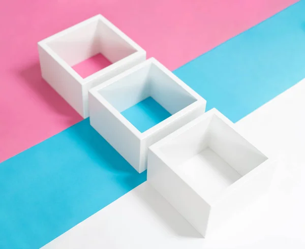 Simply design with empty white frame on pink and blue pastel colorful background. Minimal concept — Stock Photo, Image