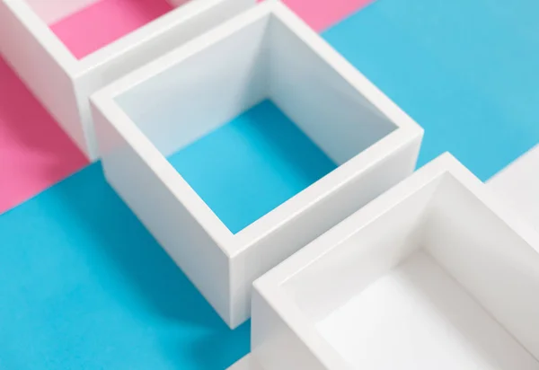 Simply design with empty white frame on pink and blue pastel colorful background. Minimal concept — Stock Photo, Image