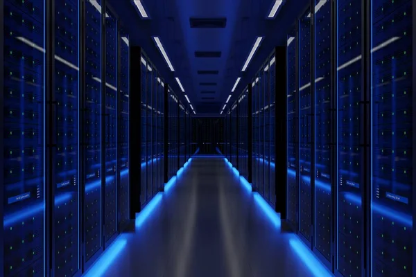 Serverruimte in datacenter vol telecommunicatieapparatuur, big data storage cloud technologie — Stockfoto