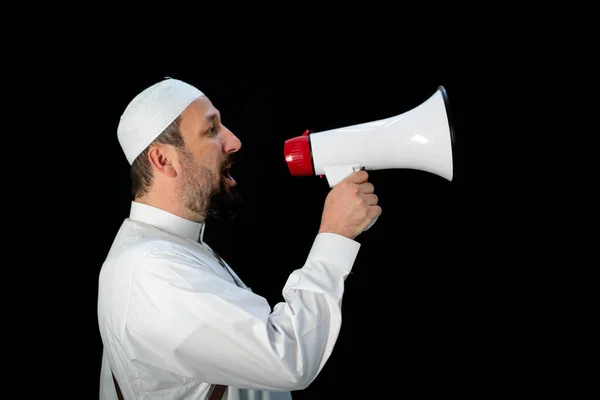 Beau Homme Avec Barbe Criant Travers Mégaphone Pour Hadj Mekkah — Photo