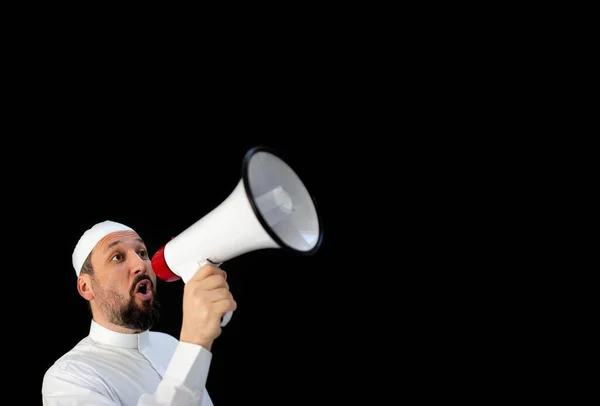 Bonito Homem Com Barba Gritando Através Megafone Para Hajj Mekkah — Fotografia de Stock