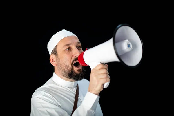 Beau Homme Avec Barbe Criant Travers Mégaphone Pour Hadj Mekkah — Photo