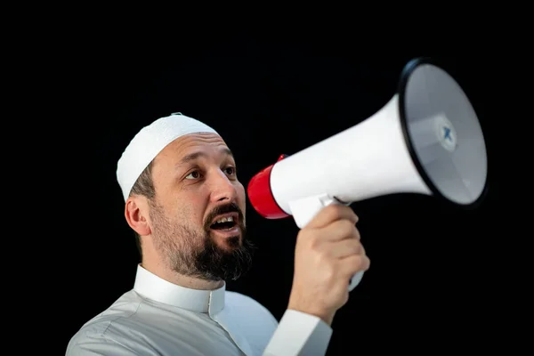 Handsome Man Beard Shouting Megaphone Hajj Mekkah — Stock Photo, Image