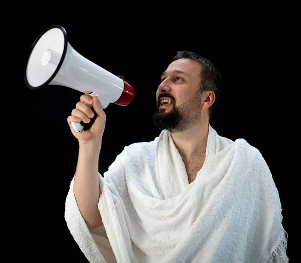 Beau Homme Avec Barbe Criant Travers Mégaphone Pour Hadj Mekkah — Photo