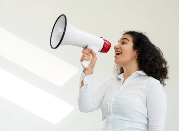 Beautiful Business Woman Curly Hair Holding Megaphone High Quality Photo — Stock Fotó