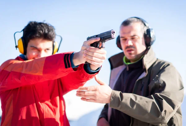 Trainer Helping Young Person Aim Handgun Combat Training High Quality — Stock Photo, Image