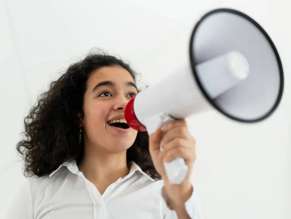 Beautiful Business Woman Curly Hair Holding Megaphone High Quality Photo — Stock fotografie