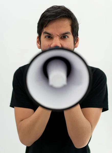 Teenage Boy White Background Megaphone High Quality Photo — Stockfoto