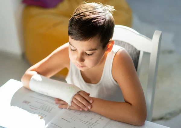 Back School Thinking Child Boy Writing Drawing Notebook Sitting Desk — Stock Photo, Image