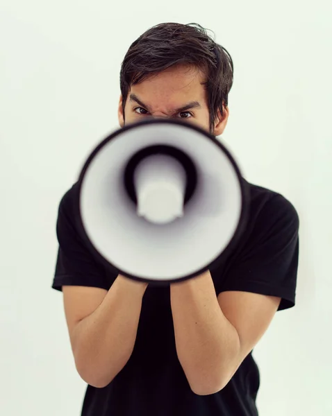 Teenage Boy White Background Megaphone High Quality Photo — 스톡 사진