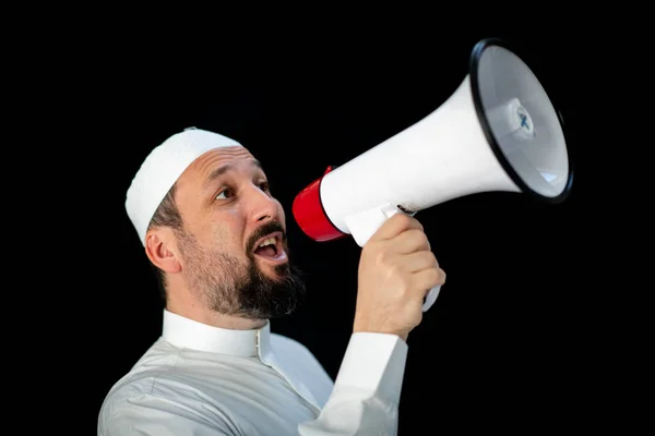 Hombre Guapo Con Barba Gritando Través Megáfono Para Hayy Mekkah Imágenes de stock libres de derechos