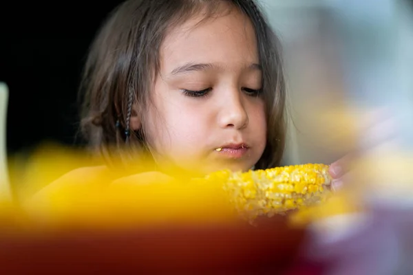 Summer Snack Little Boy Sitting Eating Corn High Quality Photo Stock Photo