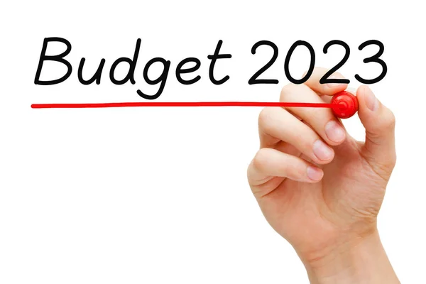 Hand Writing Budget 2023 Έτος Finacial Έννοια Δείκτη Διαφανές Χαρτόνι — Φωτογραφία Αρχείου