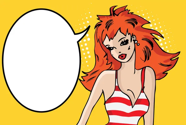 Pop art comics chica en bikini hablando reflexivo — Vector de stock