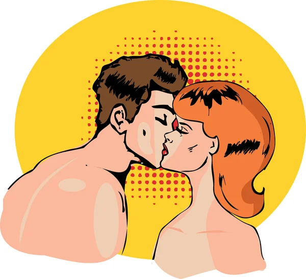 Vector comics of a kissing nude couple in a pop art comic style — Stock Vector