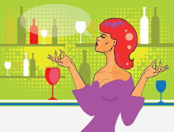 Popart cómics Hermosa mujer con una copa de vino — Vector de stock