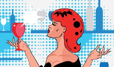 Popart çizgi romanları Şarap kadehli güzel kadın