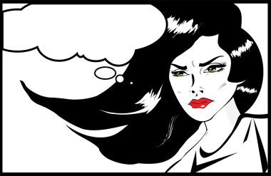 Vintage Headshot of a young and angry woman on background. Angry woman. Pop art comic style