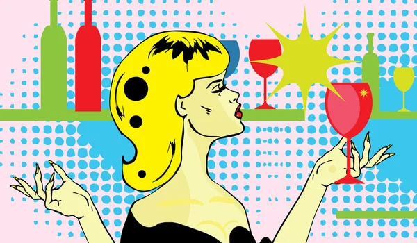 Popart çizgi romanları Şarap kadehli güzel kadın