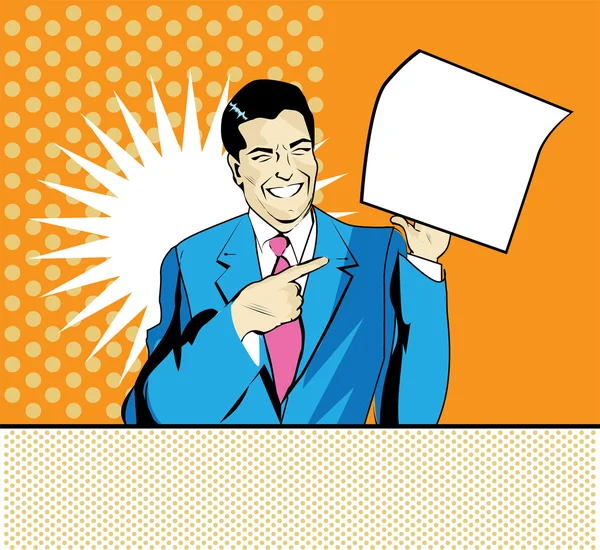 Διαφήμιση ευτυχισμένος άνθρωπος με φύλλο χαρτιού σε ένα χέρι στο κωμικό στυλ της ποπ αρτ — Διανυσματικό Αρχείο