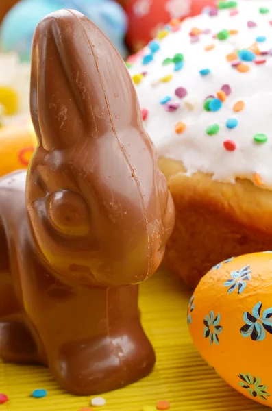 Easter eggs, cake and bunny shape chocolate