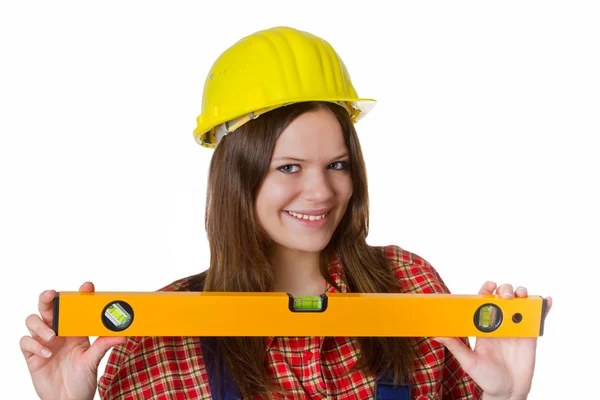 Artesana con casco y nivel de agua — Foto de Stock