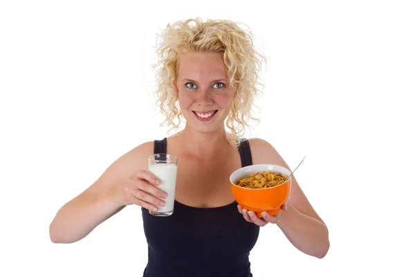 Young Woman With Milk And Cornflakes — Stock Photo, Image