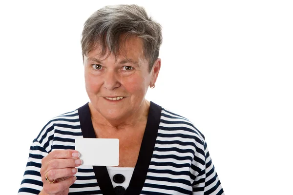 Mujer mayor con tarjeta de visita — Foto de Stock