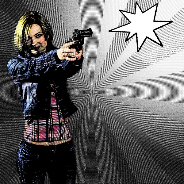 Comic blond girl with gun — Stock Photo, Image