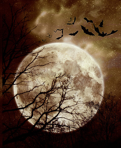 Halloween background. Bats flying in the night with a full moon in the background.