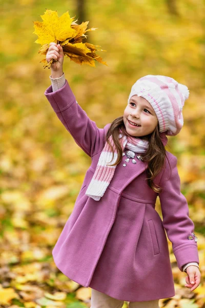 Sarı akçaağaç yaprakları ile küçük kız — Stok fotoğraf