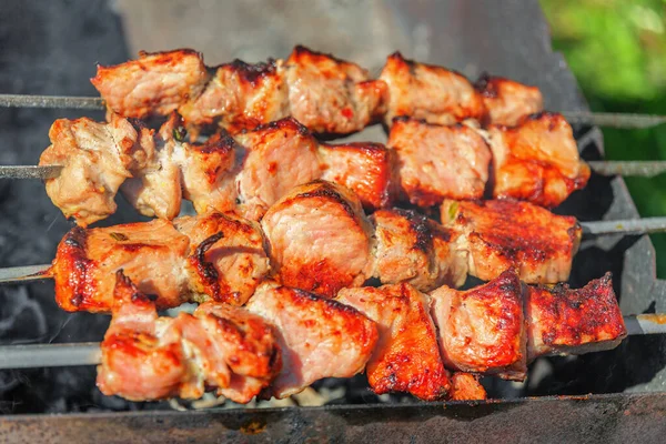 Pieces Pork Being Roasted Skewers Charcoal Brazier Stockbild