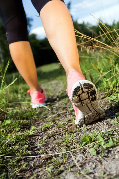 Chodzenia lub biegania nogi w lesie, lato natura aktywności — Zdjęcie stockowe