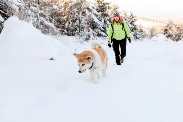 Žena zimní turistika se psem — Stock fotografie