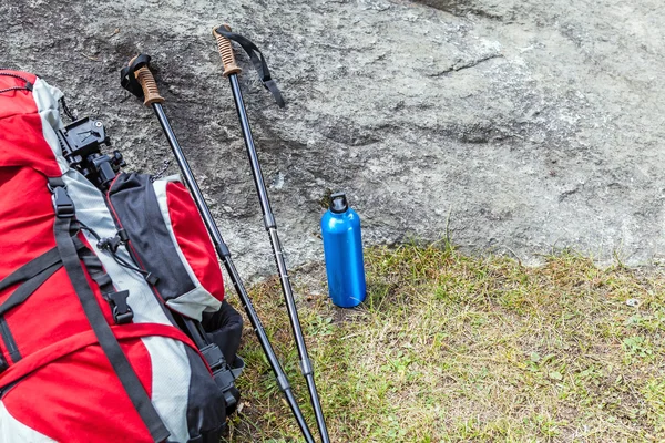 Hiking adventure equipment in mountains — Stock Photo, Image