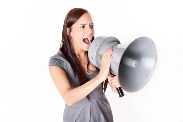 Mujer joven con megáfono, altavoz — Foto de Stock