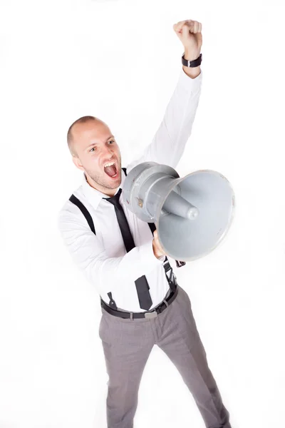 Young man with megaphone, loudspeaker — Stock Photo, Image