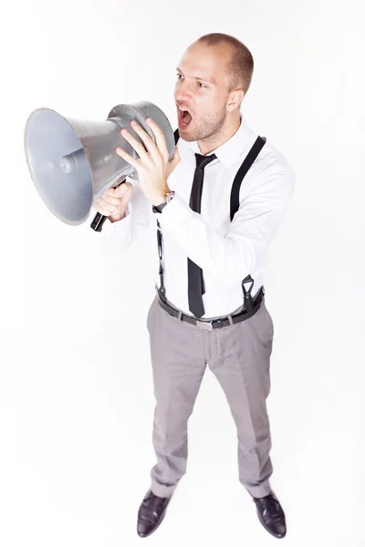 Jeune homme avec mégaphone, haut-parleur — Photo