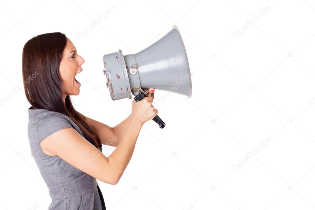 Young woman with megaphone, loudspeaker
