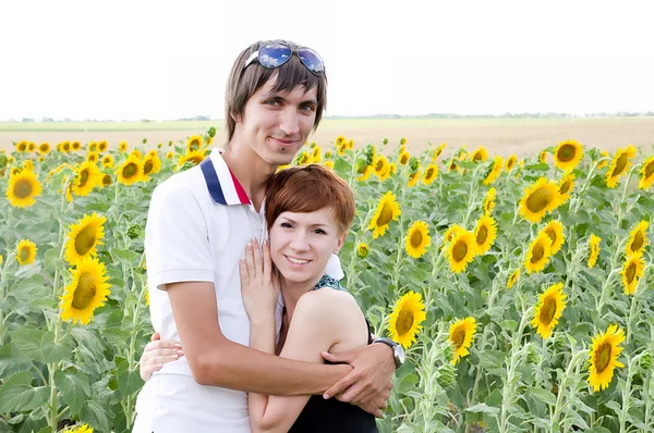 Ein junges Paar in einem Sonnenblumenfeld — Stockfoto