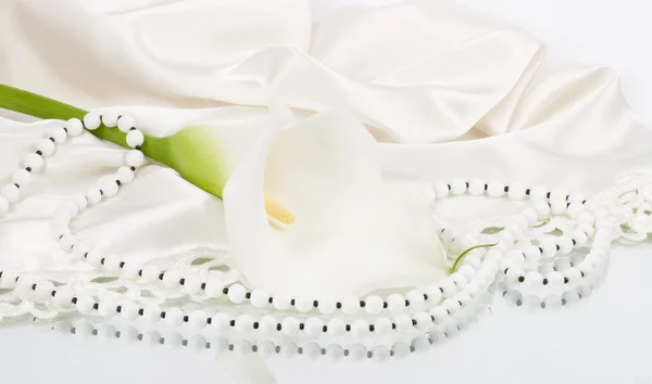 Beautiful white calla with beads on background — Stock Photo, Image