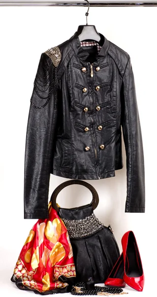 Women's leather jacket and accessories — Stock Photo, Image