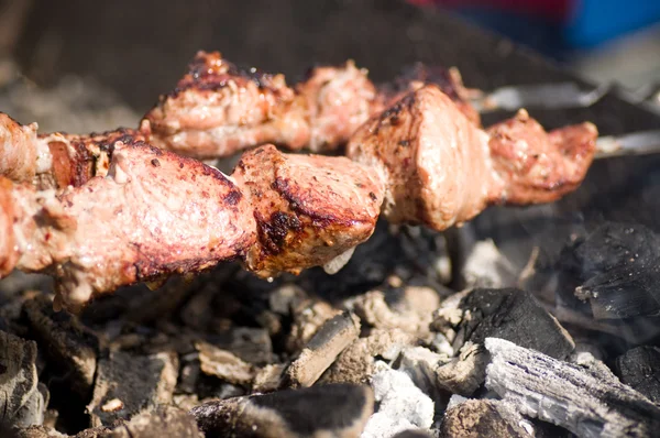 Smakelijk warm entrecote rundvlees metalen brochettes — Stockfoto