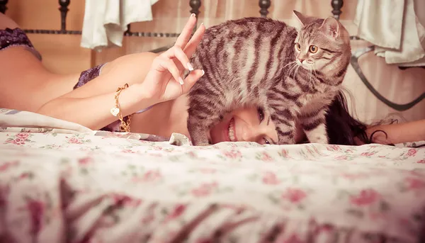 Привлекательная женщина в нижнем белье лежит на кровати с милой серой кошкой — стоковое фото
