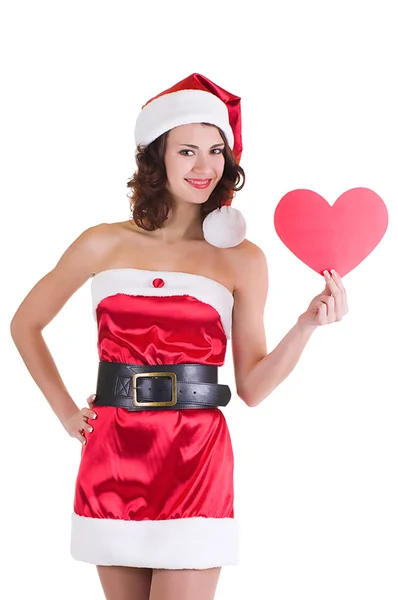 Mooi meisje in santa claus kleren met hart op witte achtergrond — Stockfoto