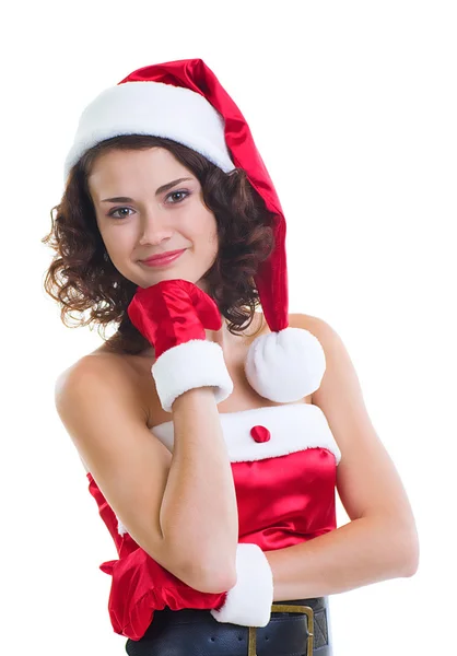 Mulher bonita em roupas de Papai Noel no fundo branco — Fotografia de Stock